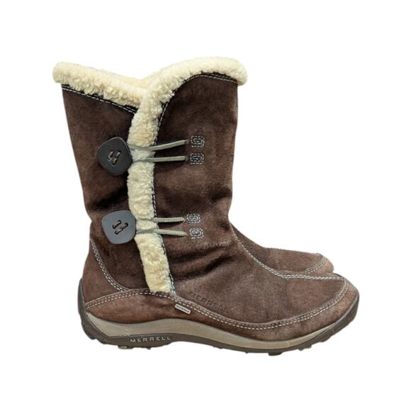 Merrell Yarra Chestnut Suede Boots Shearling Winter Brown Womens 9.5 Gorpcore - Picture 2 of 7